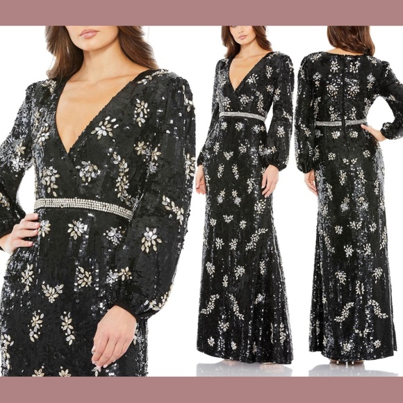 NWT $1598 Mac Duggal [ 12 ] Embellished Wrap‎ Over Bishop Sleeve Gown Black - Picture 1 of 16